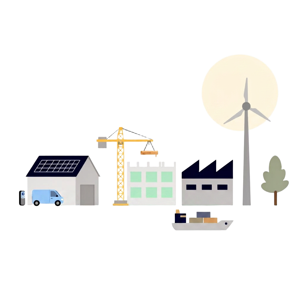 A B2B low-carbon scene: warehouse with rooftop solar and an EV delivery van charging, a construction crane raising a beam over a half-built building, a clean factory and a wind turbine — the story of navigating to low-carbon solutions