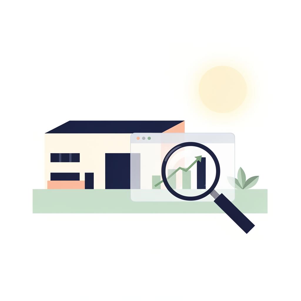 Magnifying glass revealing an upward chart over a small building