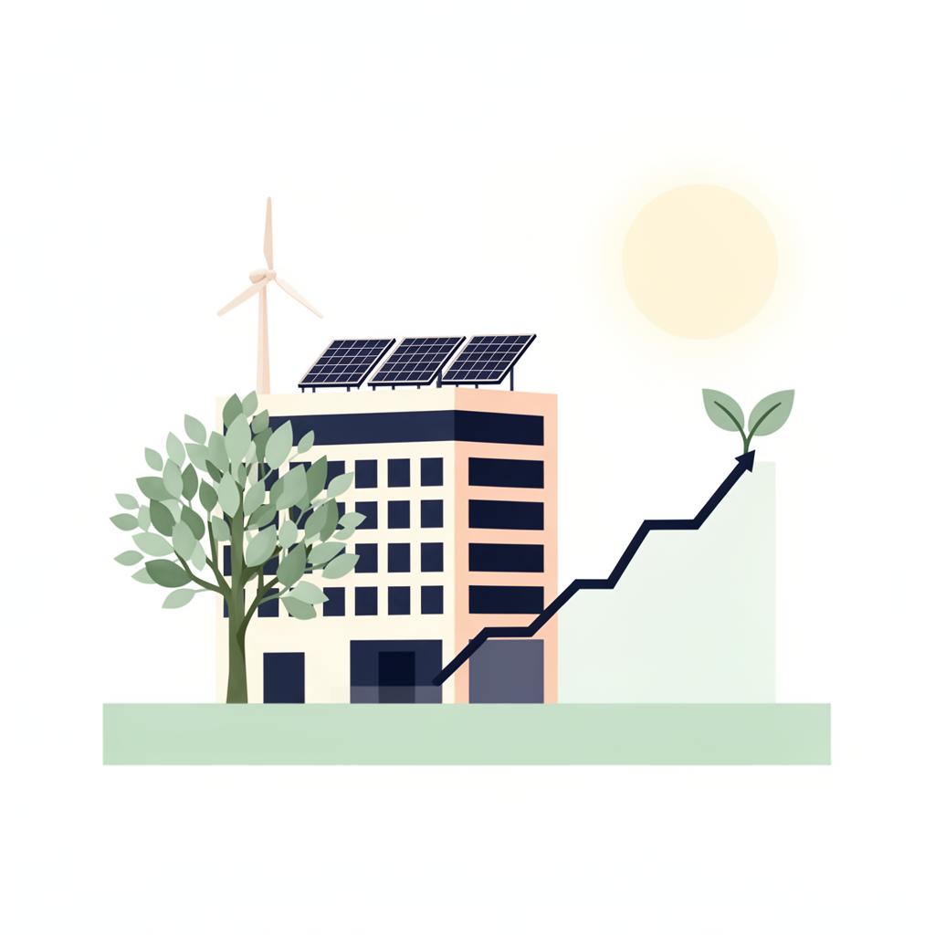 A building beside an upward chart growing into a small green sapling